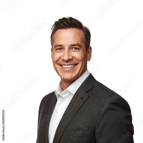 Smiling Man in Dark Suit Shows Confidence and Approachability During Professi...