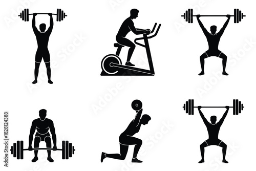 Set of six silhouette icons depicting various weightlifting and exercise activities.