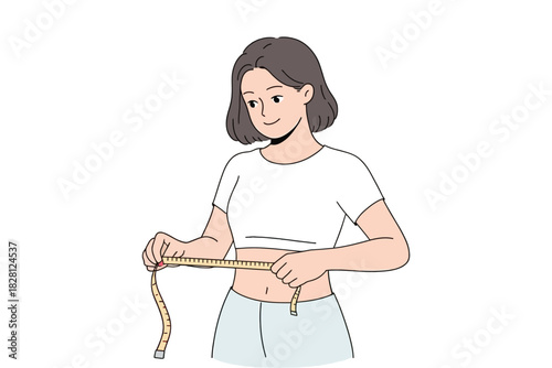 A young woman measures her waist with a tape measure for fitness and health tracking.
