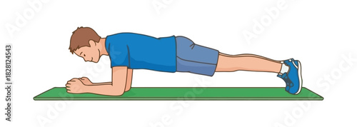 A person performs a plank exercise on a green mat for fitness.