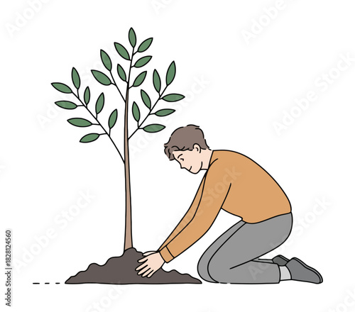 A person is kneeling and planting a young tree in the soil, symbolizing growth and environmental care.