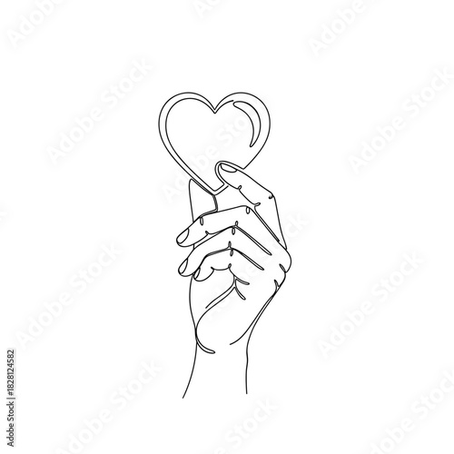 Hand holding heart shape symbol in minimalist line art style  