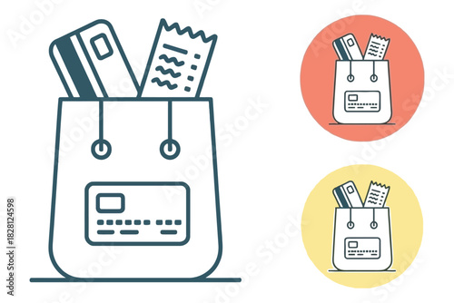 A shopping bag filled with credit cards and receipts represents consumerism and purchasing power.