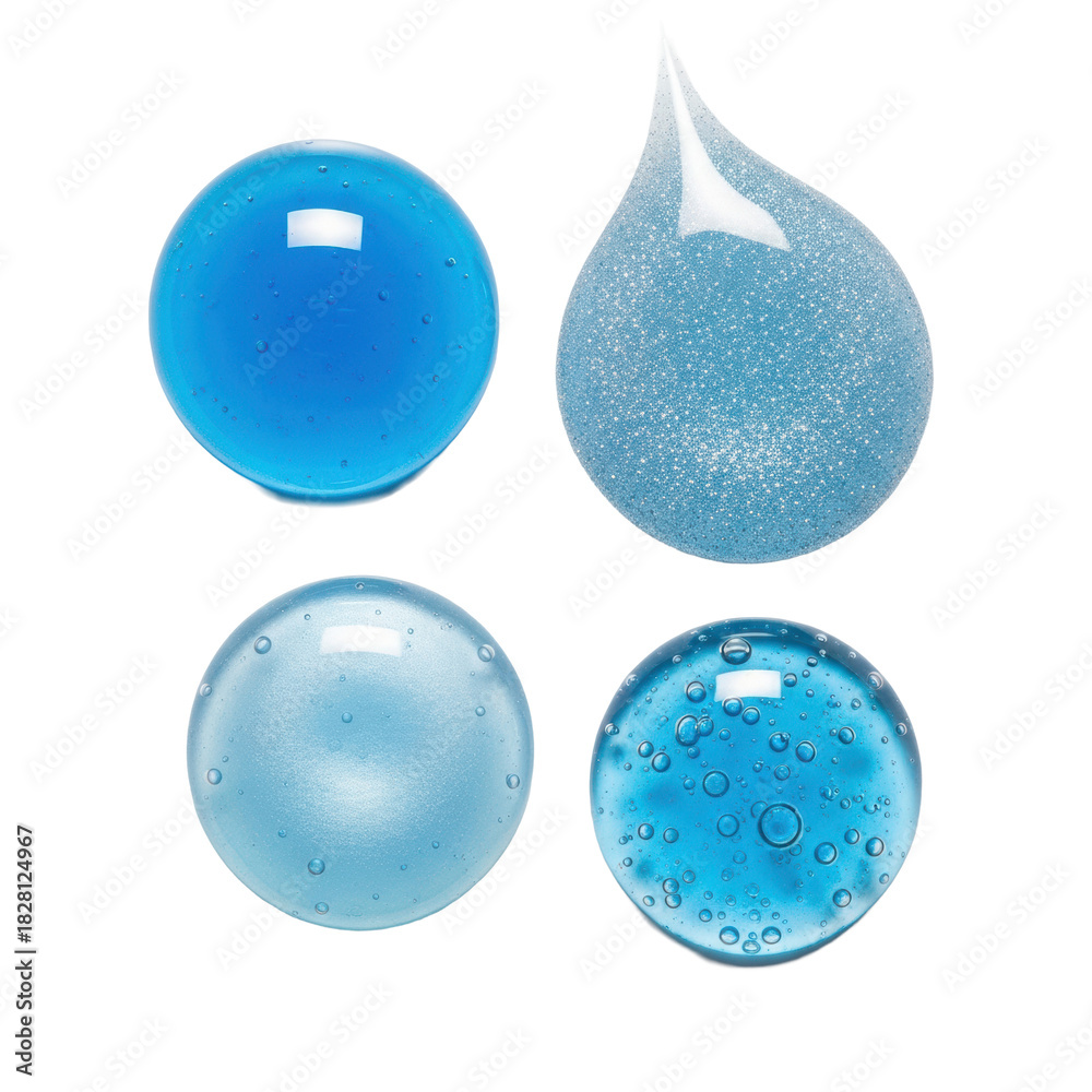 Obraz premium Four vibrant cerulean blue serum drops (glossy, glitter, opalescent, textured) macro shot against clean white background with generous copy space. concept for high-end cosmetic science advertising