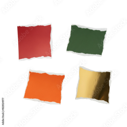 Wallpaper Mural four hand-torn matte paper scraps (red, orange, green) and reflective gold foil, macro flat lay on white with copy space, showcasing textured fibers. concept for graphic design elements Torontodigital.ca