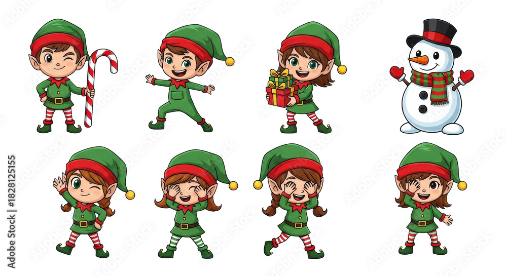 Fototapeta premium Seven cute, detailed cartoon holiday characters (six elves, one snowman) in dynamic, cheerful poses, flat vector illustration isolated on a pure white background. Concept for professional festive