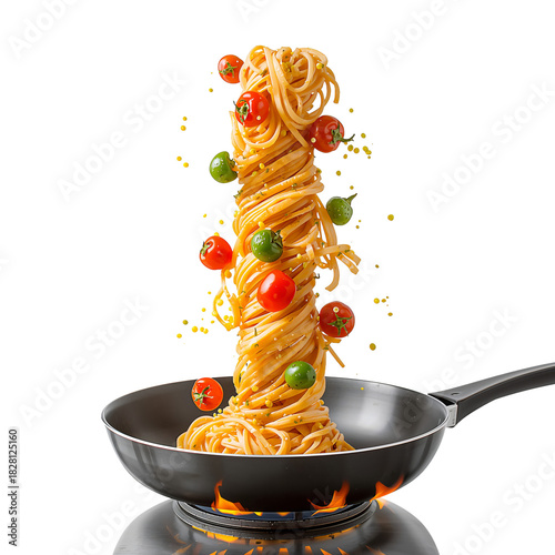 Unique Pasta Tower With Cherry Tomatoes Creating a Fun Cooking Scene in a Fry...