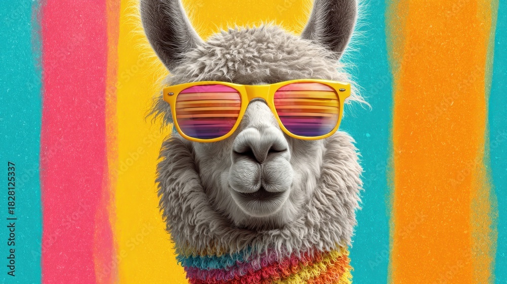 Naklejka premium A cartoonish image of a llama wearing sunglasses and a scarf. The image has a fun and playful mood, with the bright colors of the scarf and the sunglasses adding to the overall cheerful atmosphere
