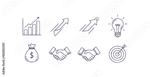 Minimal business concept icons including bar chart growth arrow light bulb money bag handshake and target