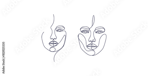 Modern abstract face portraits rendered with a single continuous black line art style