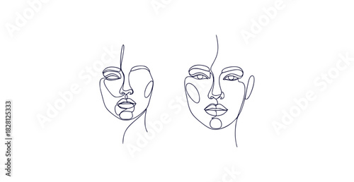 Modern abstract single continuous line art portraits of diverse faces with bold color accents