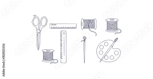 Minimal outline illustrations of crafting tools including scissors ruler thread needle paintbrush and palette
