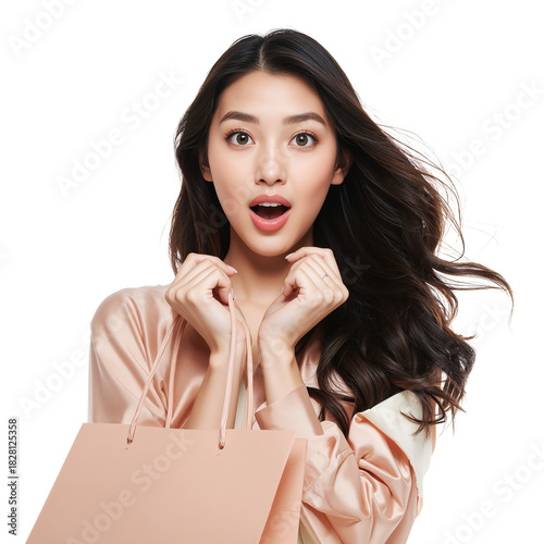 Young Woman With Long Hair Holds Shopping Bag and Looks Surprised in a Studio...