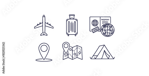Monoline outline icons for travel and adventure including airplane suitcase passport globe map and tent