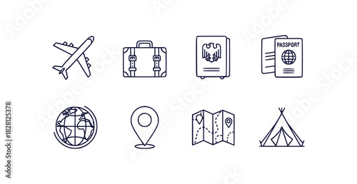 Monoline outline icons for travel and adventure airplane suitcase passport globe map and tent