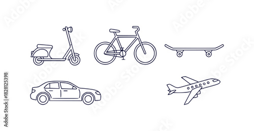 Clean monoline line art icons for transportation vehicles and mobility devices