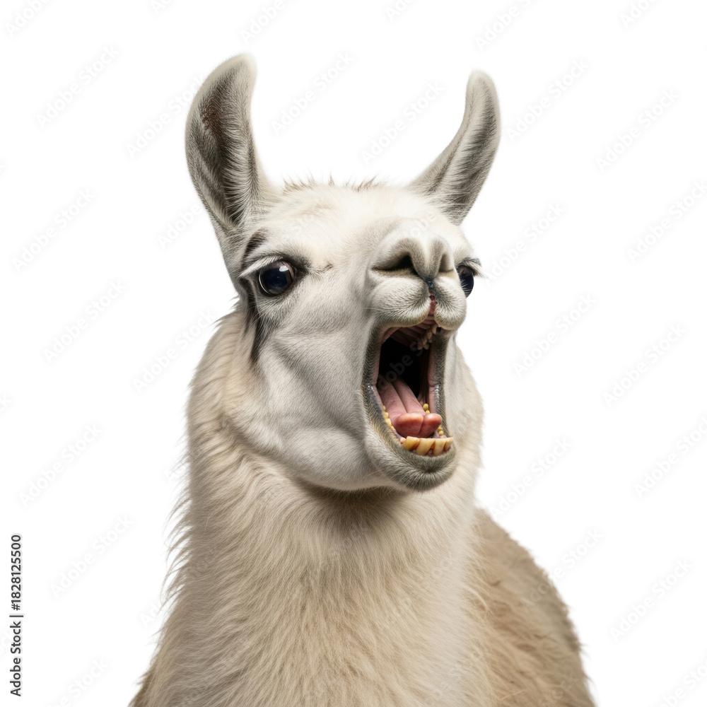 Naklejka premium majestic adult llama with thick cream fleece captured in an extreme close-up studio portrait. it has a dramatic, wide-open mouth shout expression, against a brilliant white background. concept of