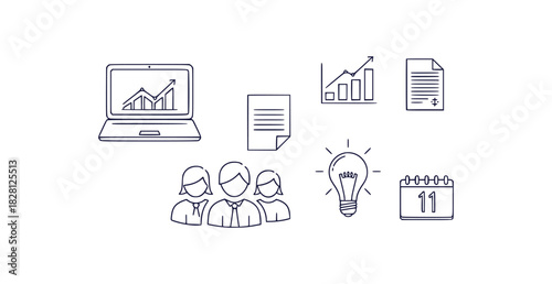 Minimalist line art icons for office work digital business and technology concepts