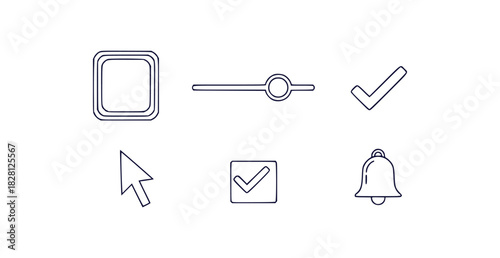 Modern line art icons for user interface elements including buttons sliders cursors checkmarks and notification bells