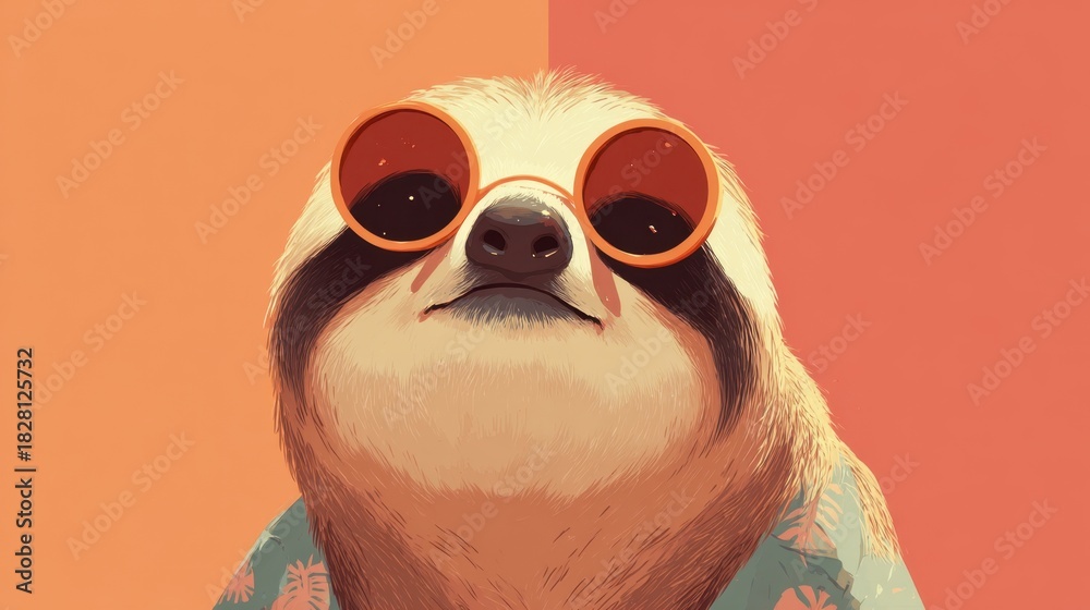 Naklejka premium A cartoonish drawing of a sloth wearing sunglasses and a Hawaiian shirt. The sloth is smiling and looking at the camera