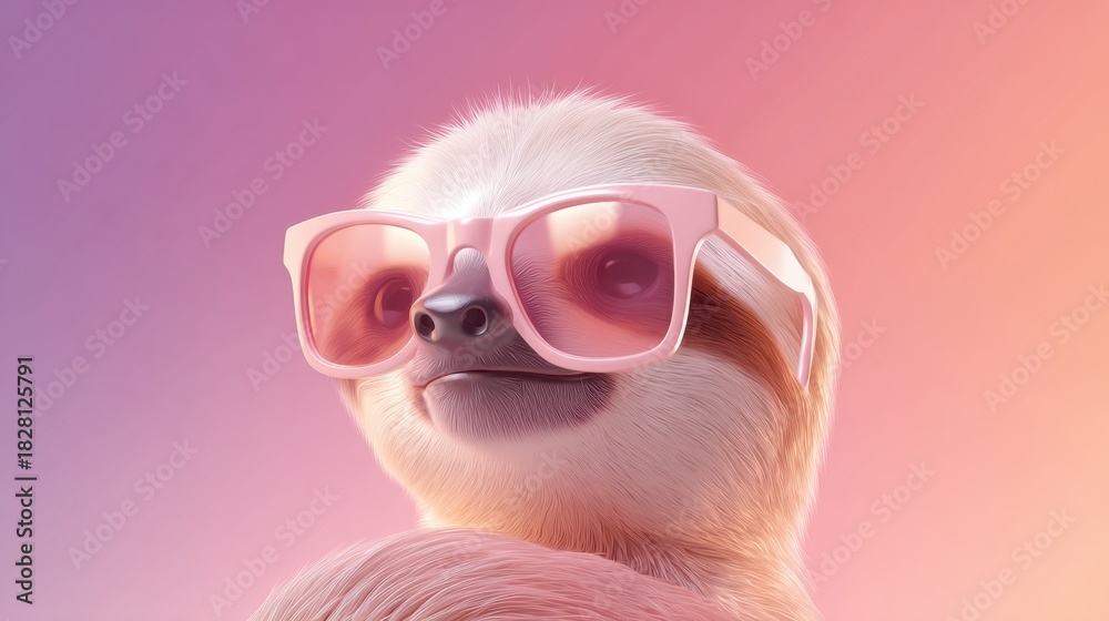Obraz premium A cute sloth wearing pink sunglasses. The image has a fun and playful mood