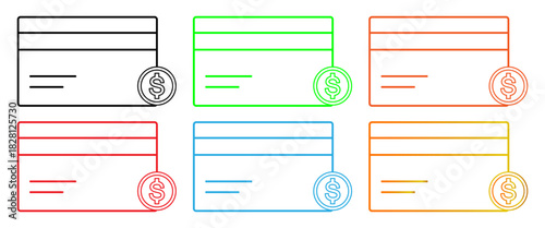 Colorful Line Art Credit Card and Dollar Coin Icons. Digital Payment and Financial Transaction Symbols.