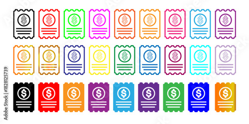Colorful Vector Collection of Dollar Receipt and Payment Ticket Icons for Finance and E-commerce