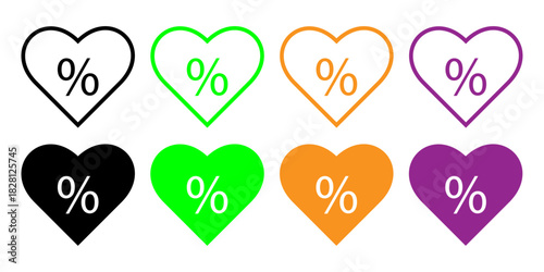 Colorful heart icons with percent symbol for online sales, love discounts, and special offers