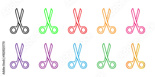Collection of Colorful Outline Scissor Icons - Vector Graphic Tools for Design, Crafting, and Office Use on White Background