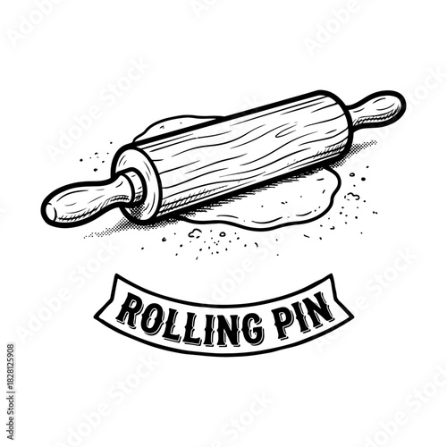 A hand-drawn, vintage-style illustration of a wooden rolling pin on flattened dough with a text banner.