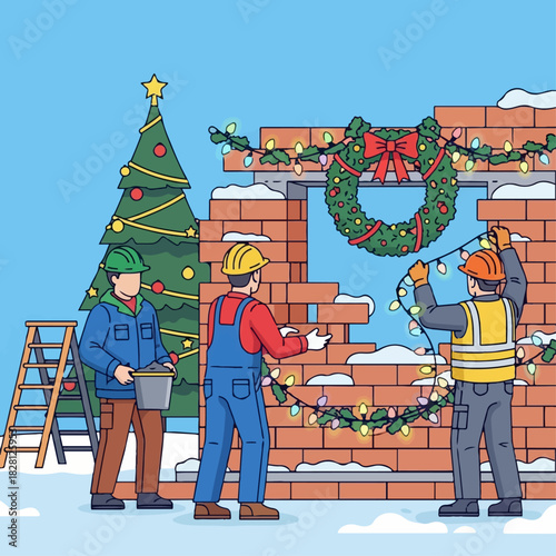 Three construction workers decorating a partially built brick wall with Christmas lights and a wreath in a snowy setting.