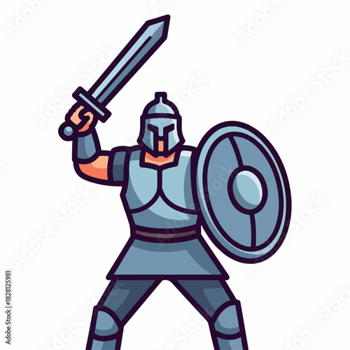 A cartoon illustration of an ancient warrior in full armor holding a sword and shield, ready for battle.