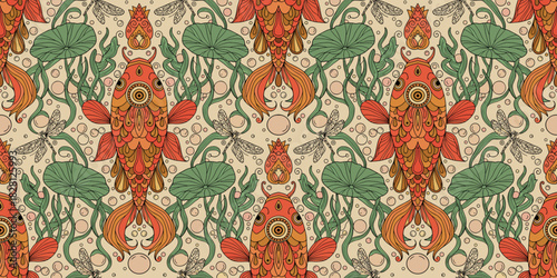 Seamless folk‑art pattern central koi fish with geometric scales, lotus leaves, curling kelp, dragonflies, bubbles; muted cream, coral, amber, seafoam, olive; hand-drawn, flat, symmetrical, tileable.