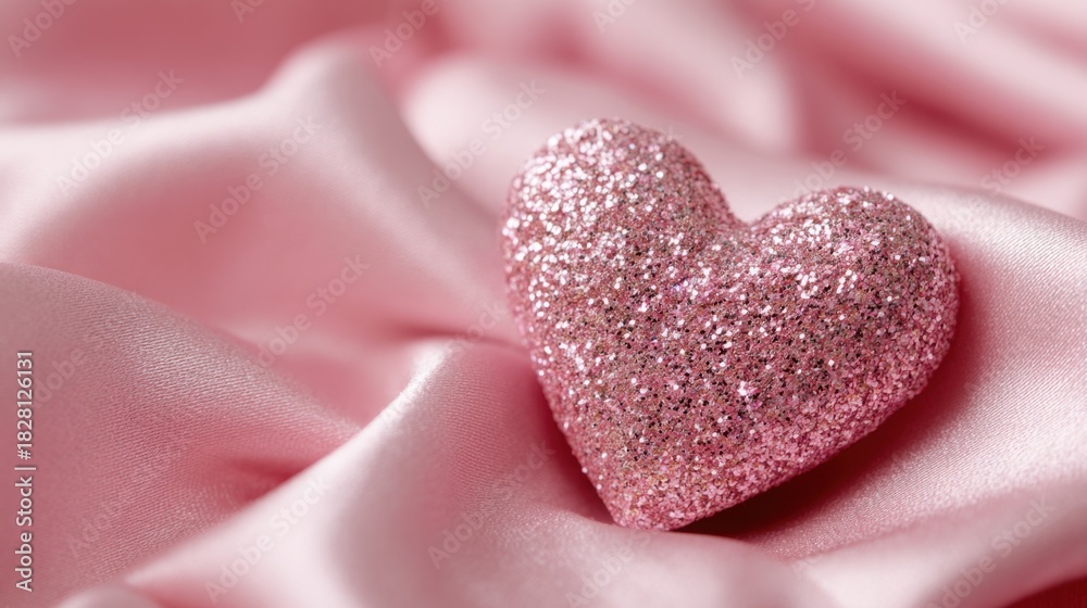 Fototapeta premium A heart made of glitter sits on a pink background. The glitter adds a sparkly and romantic touch to the image