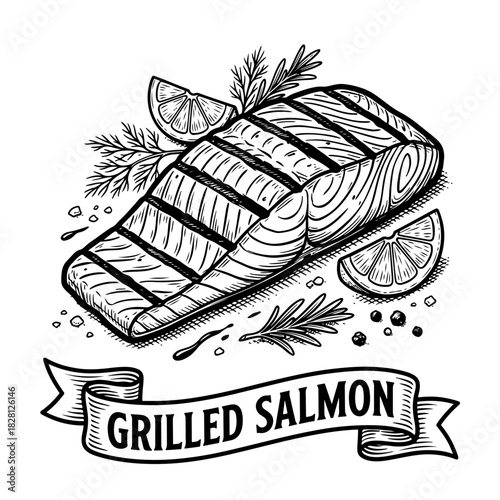 Hand-drawn vintage illustration of a grilled salmon fillet with lemon wedges, dill, and rosemary garnish.