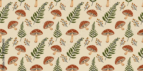 Seamless folk‑art pattern mushrooms and fern fronds on warm ivory; terracotta, sienna, olive, forest green; curling stems, spore dots; hand-drawn, flat, vintage, tileable, whimsical.