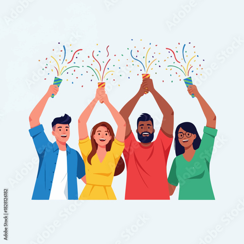 A diverse group of four happy friends celebrating with party poppers and confetti.