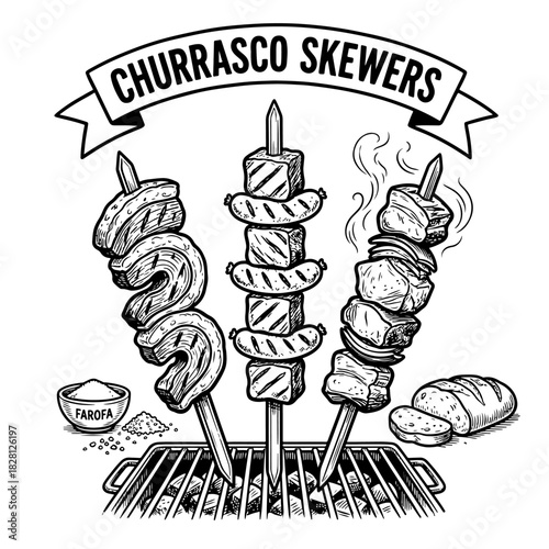 A detailed black and white illustration of Brazilian churrasco skewers with various meats grilling over hot charcoal.