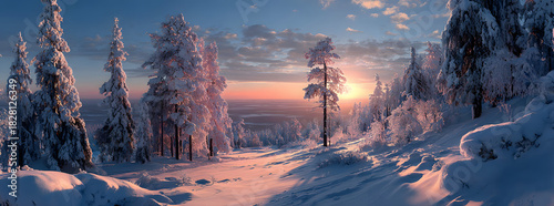 Lapland, Finland. Winter landscape during sunset. North. Trees covered with snow. Winter wonderland. Panoramic landscape. Photo for background, wallpaper, postcards.
