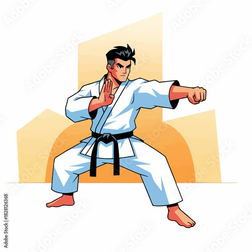 Illustration of a determined young man in a white uniform and black belt practicing a karate fighting stance.