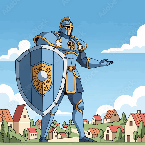 A giant knight in shining blue and gold armor stands guard over a small, peaceful village in a green valley.