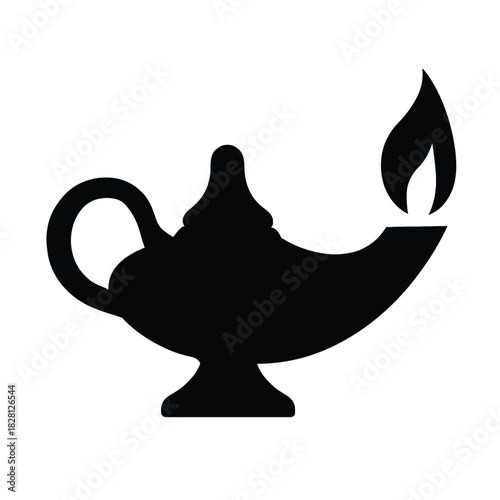 Black silhouette of an ornate oil lamp with a flame on a white background light fire