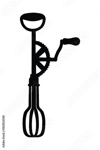 Black silhouette of a vintage hand-crank egg beater with gears and whisk on a white background