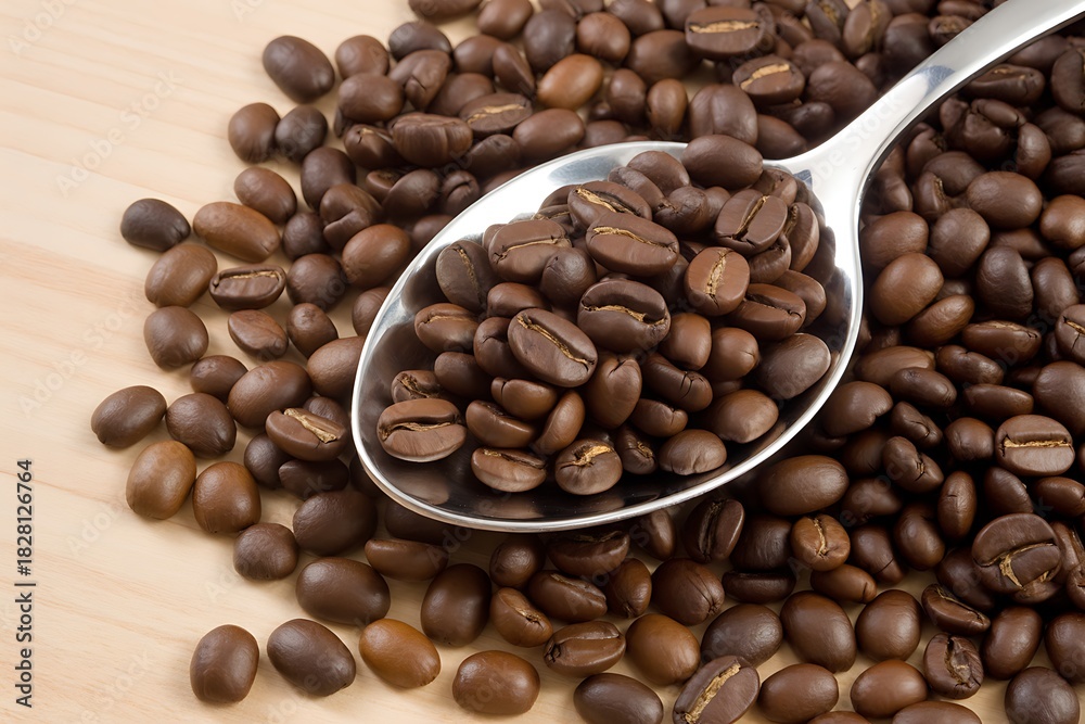 Fototapeta premium Roasted Coffee Beans Overflowing from a Silver Spoon Ready for Grinding and Brewing a Perfect Cup