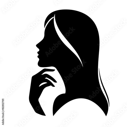 Black & white vector silhouette of minimalist female portrait outline on white background