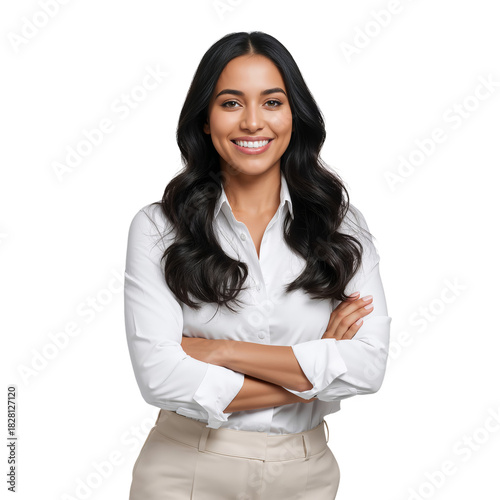 Professional Woman in a White Shirt Poses Confidently With a Smile and Crosse...