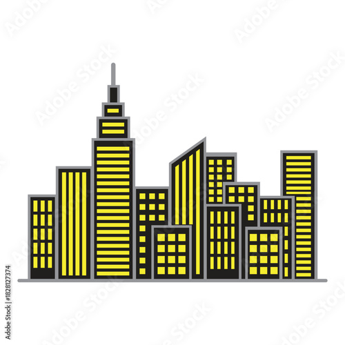 Vector illustration of a city skyline with skyscrapers and residential homes.