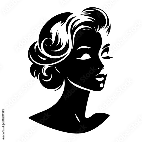Black & white vector silhouette of vintage woman portrait retro style on white background