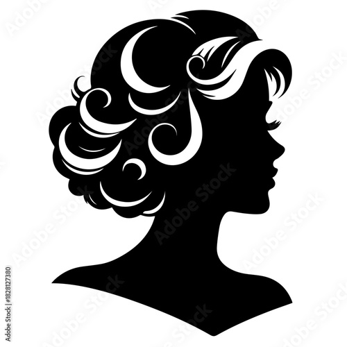 Black & white vector silhouette of vintage woman portrait retro style on white background