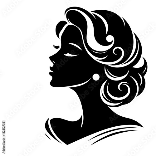 Black & white vector silhouette of vintage woman portrait retro style on white background
